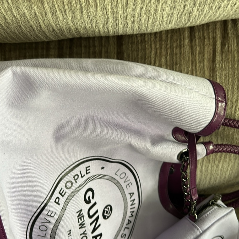 Gunas New York Ruth  canvas tote bag purple trimmed in leather APX 16 x 11 x 4 - Picture 6 of 13